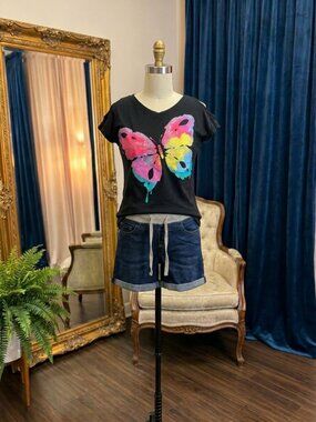 Justice Girls Size 6 2pc Set Butterfly Graphic Tee Denim Shorts Cuffed